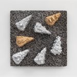 Zheng Wei, The absorption of candy No.2, 45x46x10cm, Foamed aluminium plate, electroplating, acrylic, wood board, ready-made objects, 2020