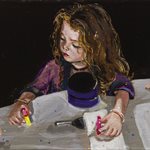 Girl with box and lipstick, oil on wood, 8x11.5cm, 2020
